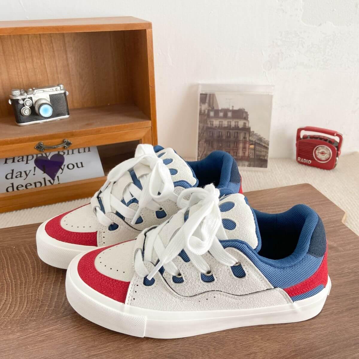 Contrast Lace Up Round Toe Flats Sneakers - Clothes For Her Online Store