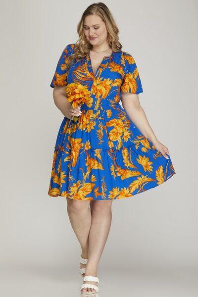 She + Sky Full Size Printed Notched Short Sleeve Frill Tiered Dress Plus Size - Clothes For Her Online Store