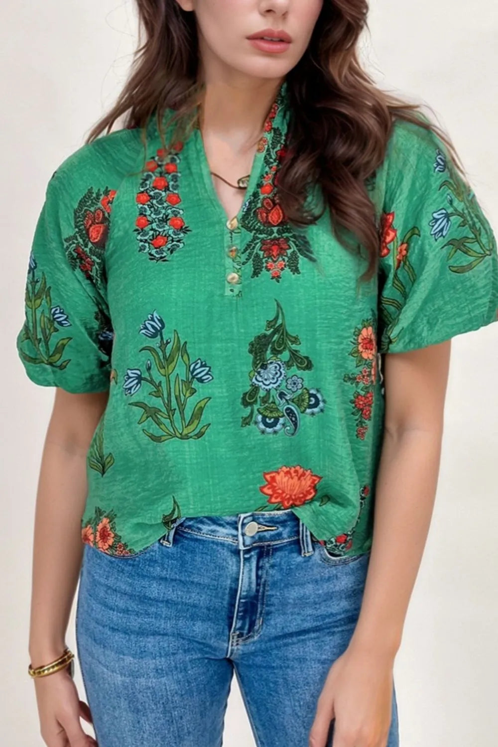 Floral Print Notched Short Sleeve Blouse - Clothes For Her Online Store