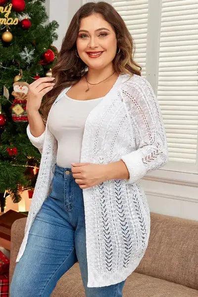 Plus Size Openwork Open Front Long Sleeve Cardigan - Clothes For Her Online Store