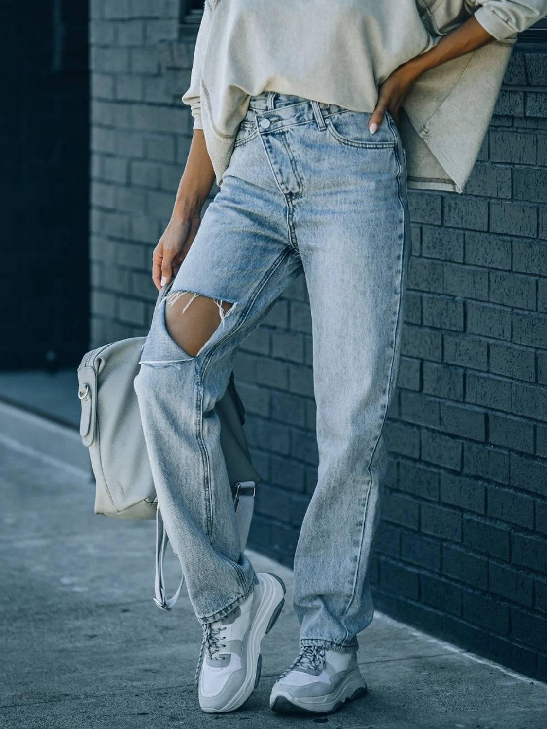 Distressed Asymmetric Waist Jeans - Clothes For Her Online Store