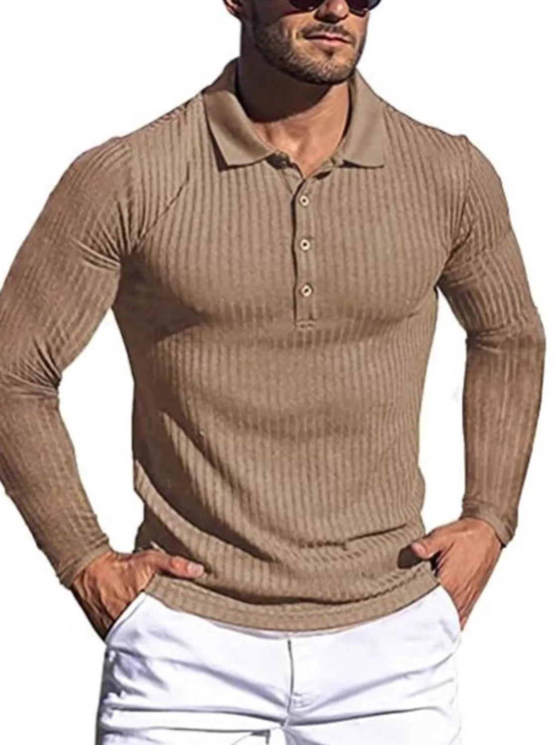 Men's Full Size Button Detail Long Sleeve Polo Plus Size