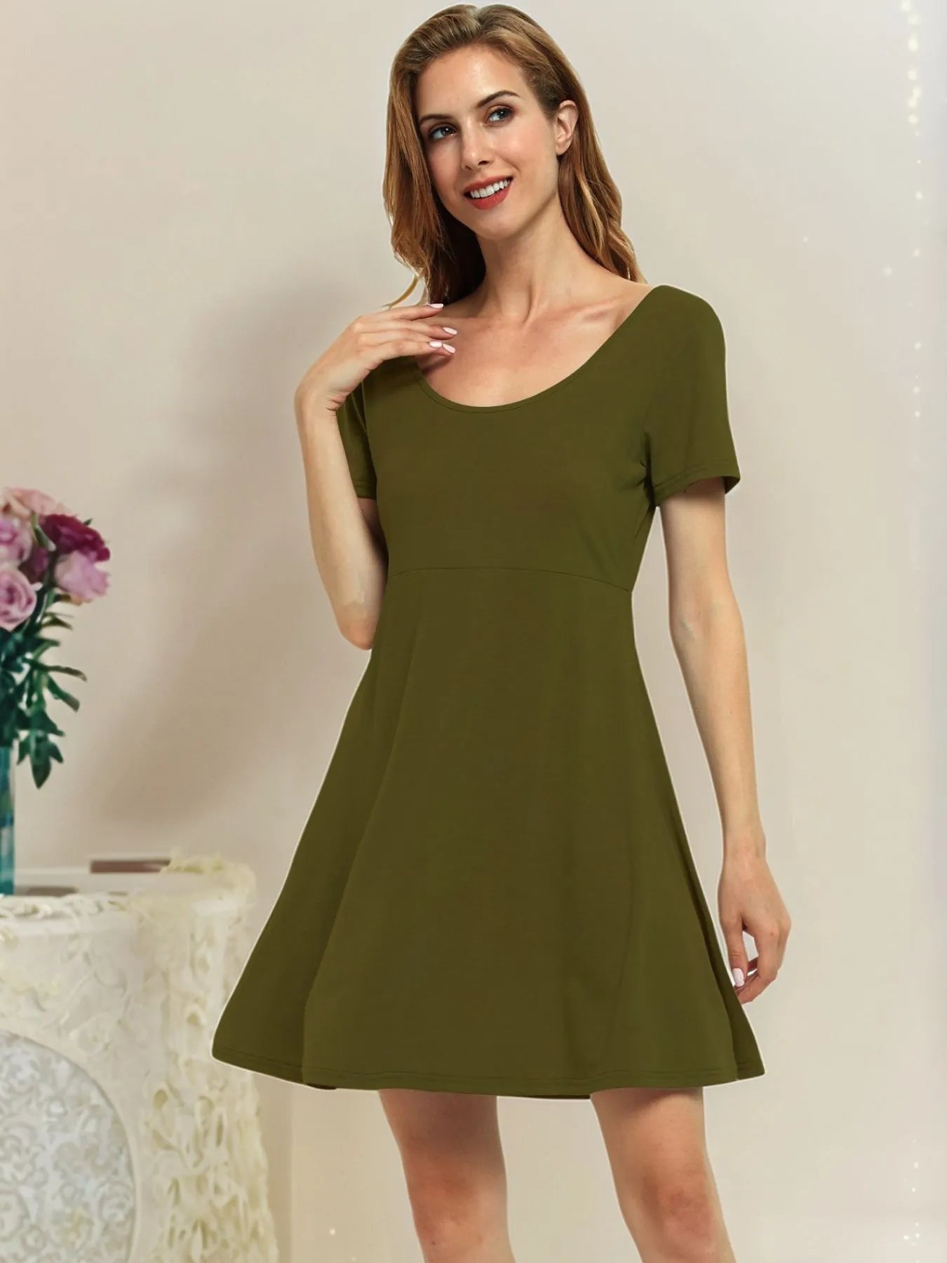 Round Neck Short Sleeve Flared Summer Dress