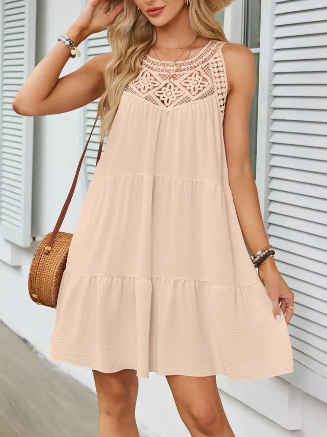 Ruffled Hem Lace Sleeveless Dress - Clothes For Her Online Store