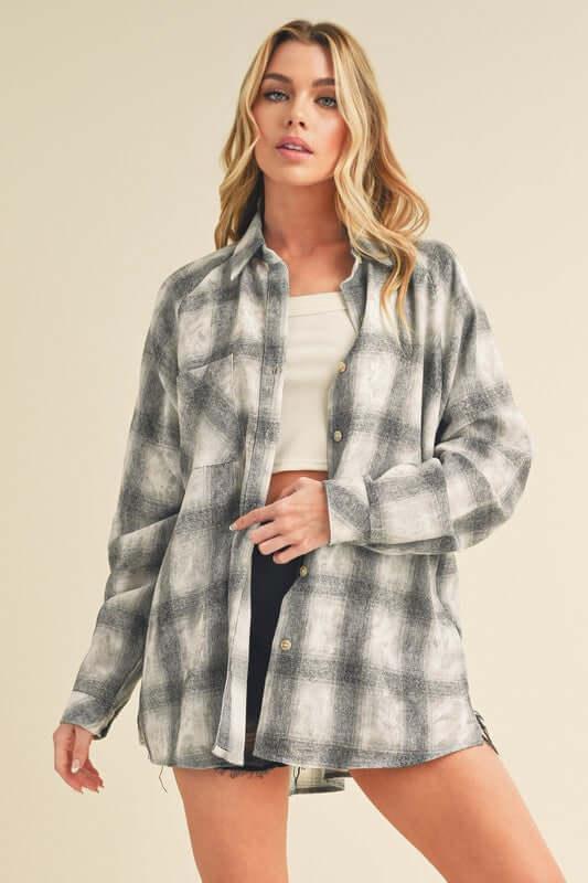 Aemi + Co Washed Plaid Flannel Side Step Hem Shirt