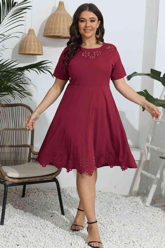 Plus Size Round Neck Openwork Dress - Clothes For Her Online Store