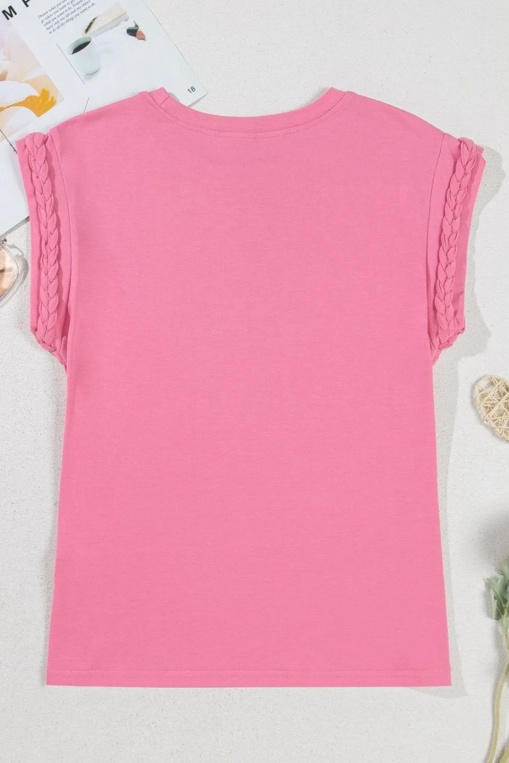 Braided Cap Sleeve Crew Neck T Shirt