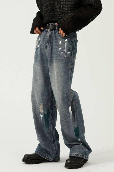 Washed Distressed Wide-Leg Jeans