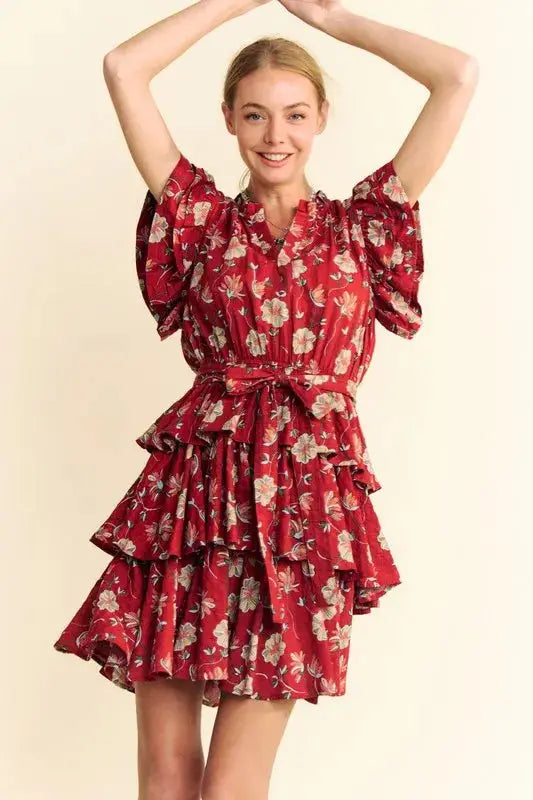 Davi & Dani Ruffle Flutter Sleeve Tie Belt Tiered Mini Dress - Clothes For Her Online Store