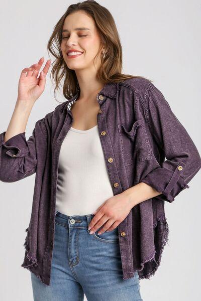 Umgee Full Size High Low Raw Hem Mineral Wash Button Down Shirt Plus Size