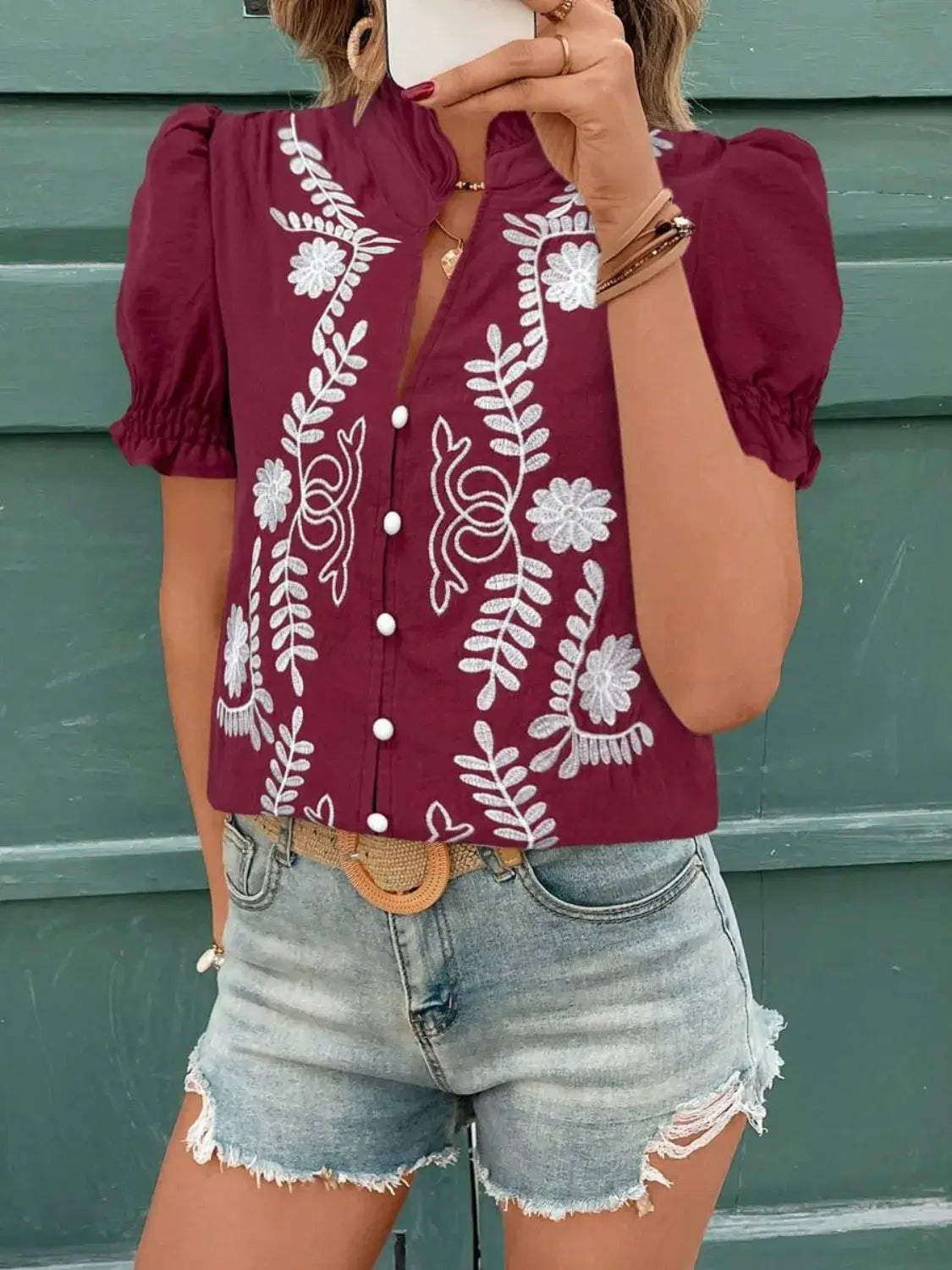 Embroidered Frill Notched Short Sleeve Blouse