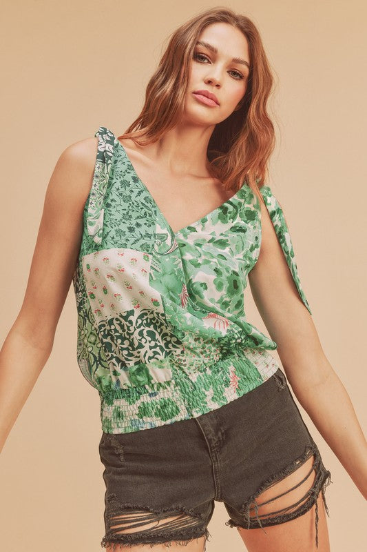 Aemi + Co Smocked Hem Printed Surplice Tank - Clothes For Her Online Store