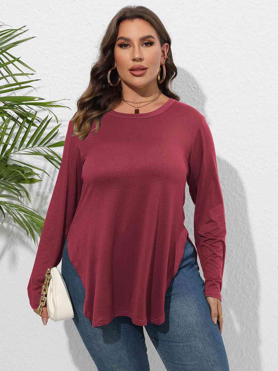 Plus Size Round Neck Long Sleeve Slit T-Shirt - Clothes For Her Online Store