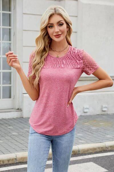 Smocked Round Neck Short Sleeve T-Shirt