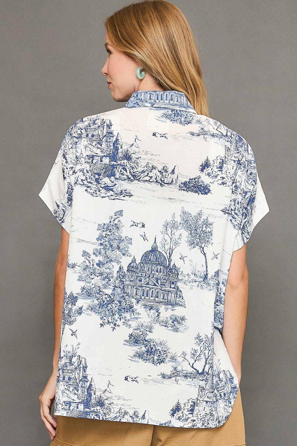 Umgee Full Size Two Tone Print Button Up Short Sleeve Shirt Plus Size - Clothes For Her Online Store
