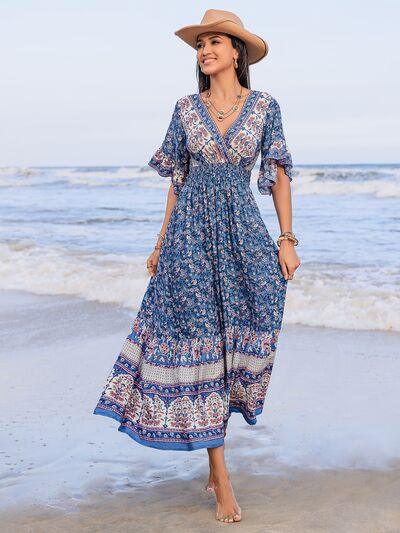 Ruched Printed Flounce Sleeve Midi Dress - Clothes For Her Online Store