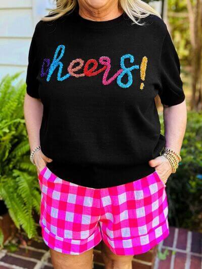 Plus Size CHEERS Round Neck Short Sleeve Sweater - Clothes For Her Online Store