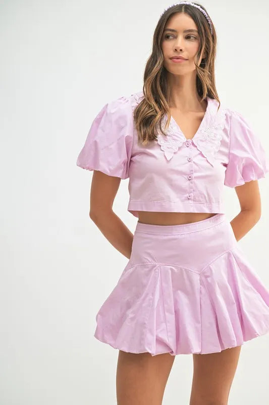 MABLE Puff Sleeve Button Down Top and Bubble Skirt Set - Clothes For Her Online Store