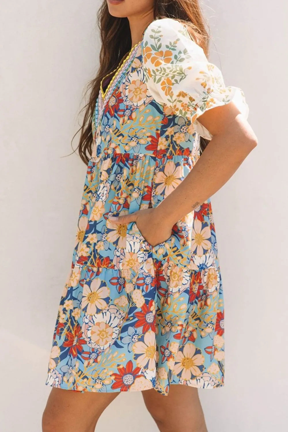 Printed Notched Flounce Sleeve Mini Dress