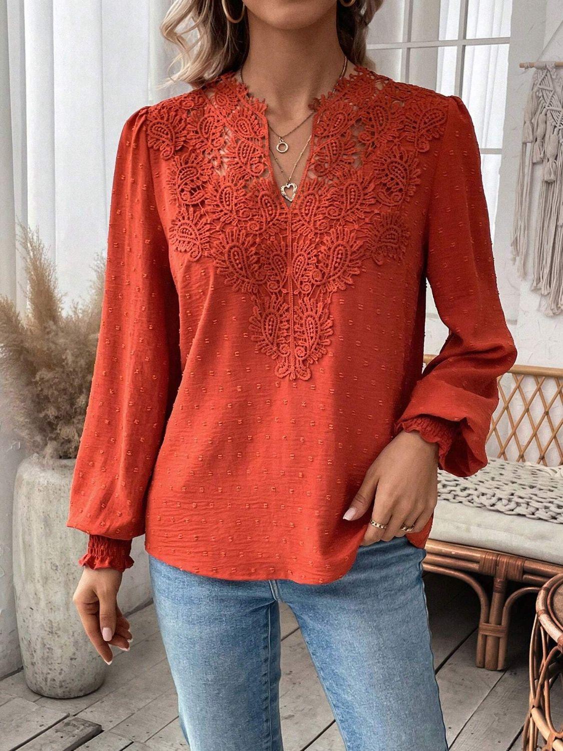 Swiss Dot Lace Detail Notched Long Sleeve Blouse