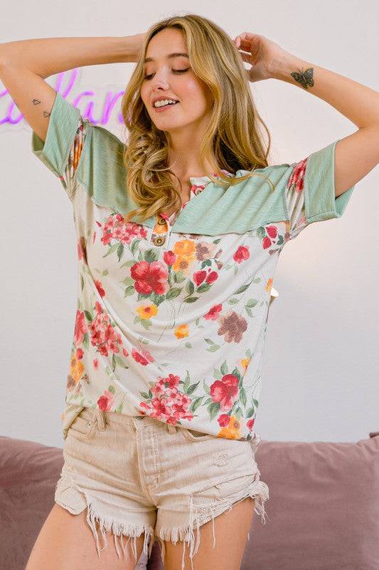 BiBi Floral Button Detail Round Neck Short Sleeve Terry T-Shirt - Clothes For Her Online Store