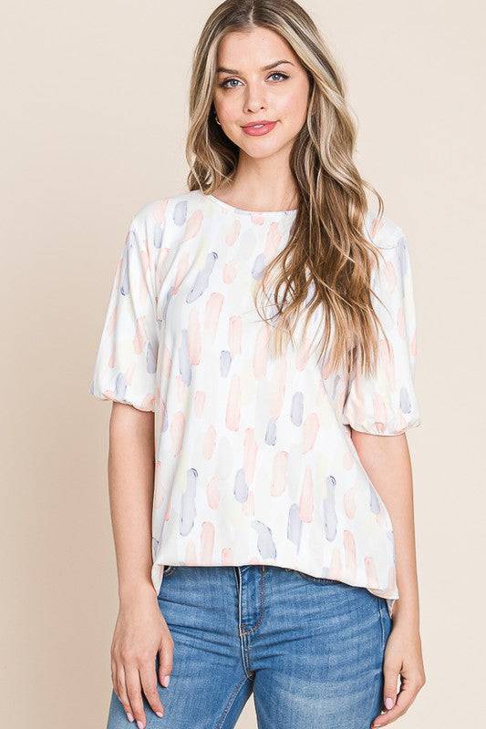 BOMBOM Round Neck Puff Short Sleeve Blouse - Clothes For Her Online Store