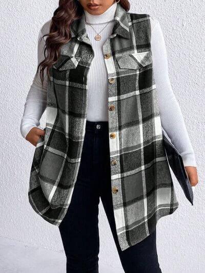 Honey Plus Size Pocketed Plaid Button Up Vest Coat - Clothes For Her Online Store