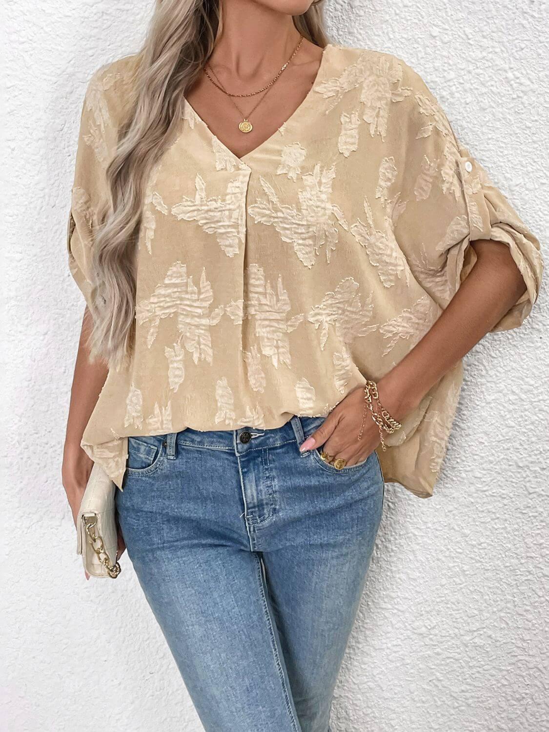 Perfee V-Neck Half Sleeve Blouse