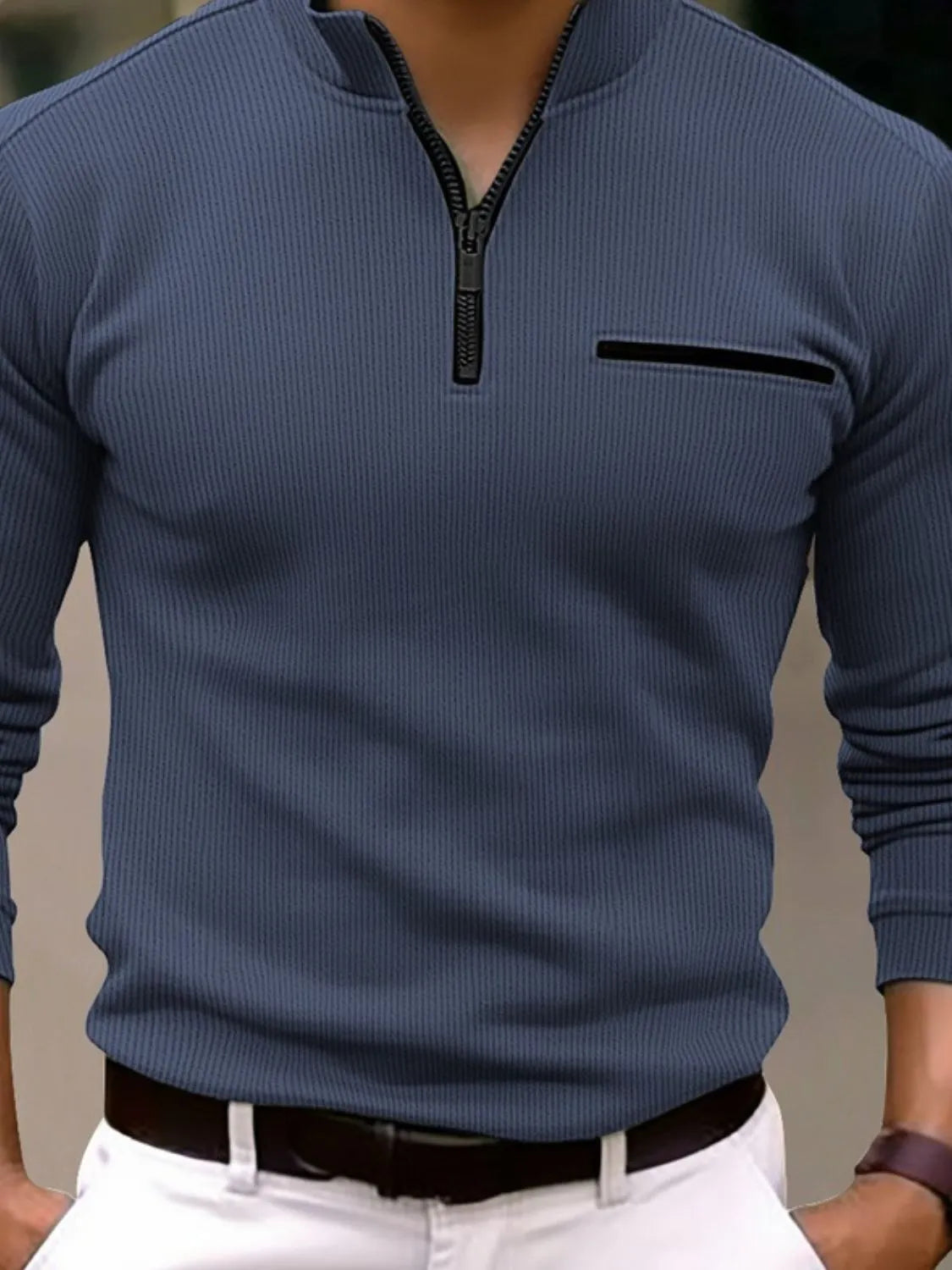 Men's Full Size Quarter Zip Long Sleeve Polo Plus Size