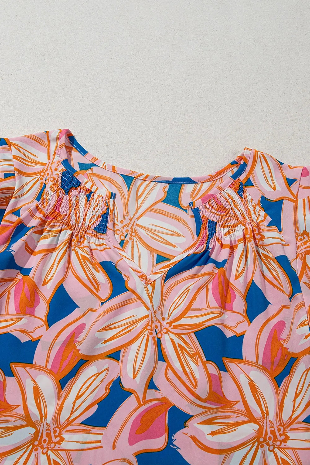 Flower Print Notched Neck Ruffle Sleeve Blouse