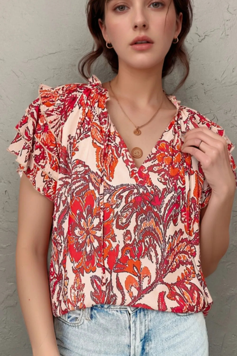 Vintage Floral Ruffle Sleeve V Neck Blouse