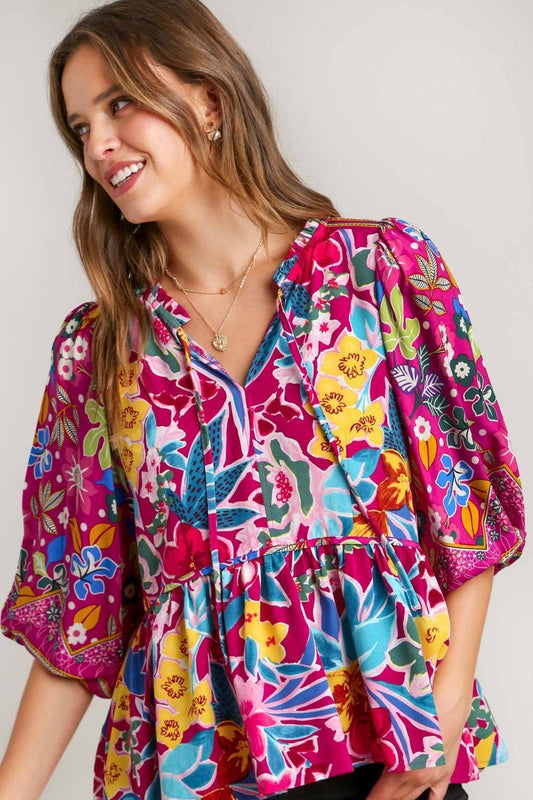Umgee Full Size Floral Print Tie Neck Peplum Blouse Plus Size - Clothes For Her Online Store