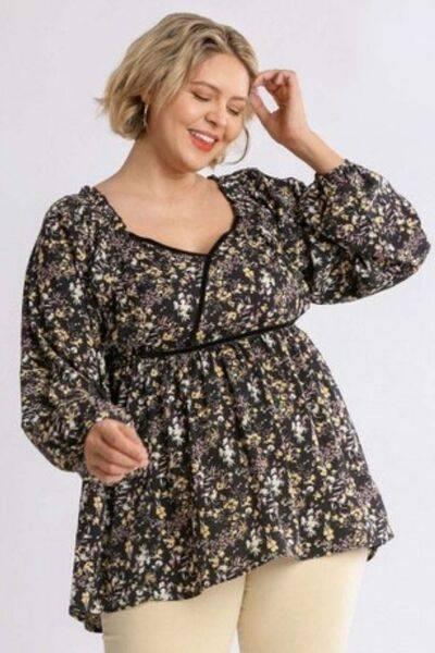 Umgee Full Size Floral Print Velvet Trimmed Balloon Sleeve Top Plus Size