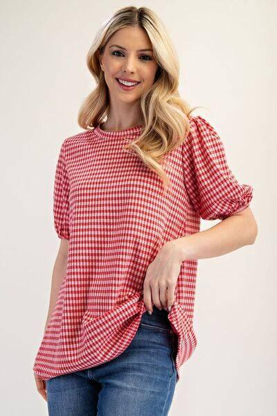 Celeste Full Size Gingham Print Top With Puff Sleeves Plus Size