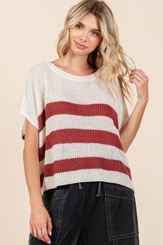 Mittoshop Contrast Striped Round Neck Short Sleeve Sweater - Clothes For Her Online Store