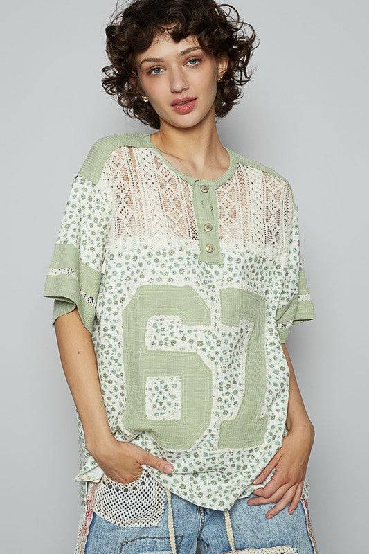 POL Number Floral Crochet Button Detail Half Sleeve Top