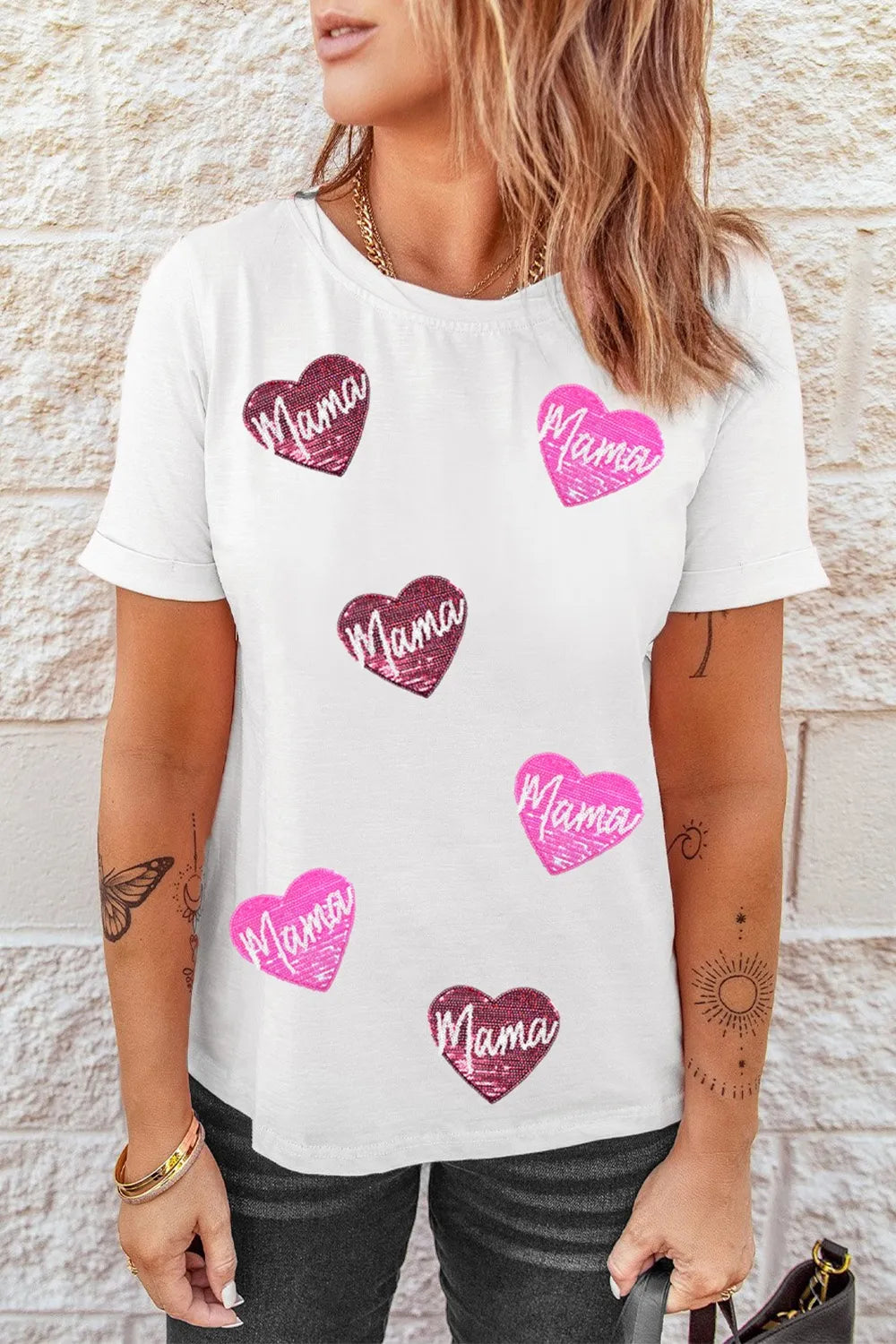 MAMA Heart Shape Sequin Patched Crew Neck T Shirt