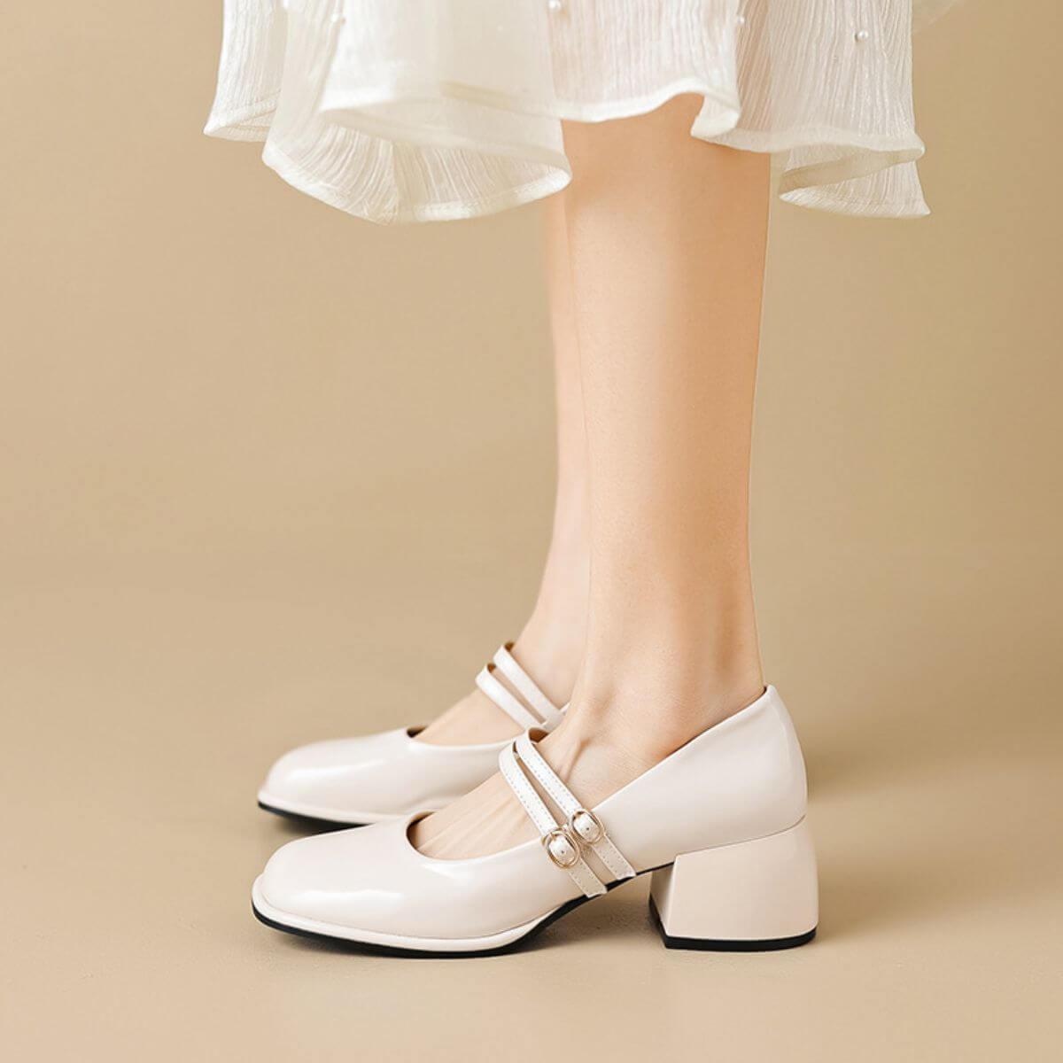 Double Buckle Strap Square Toe Mary Jane Heels - Clothes For Her Online Store