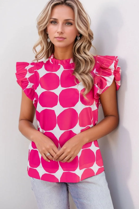 Bubblegum Pattern Frilled Collar Flutter Sleeve Top