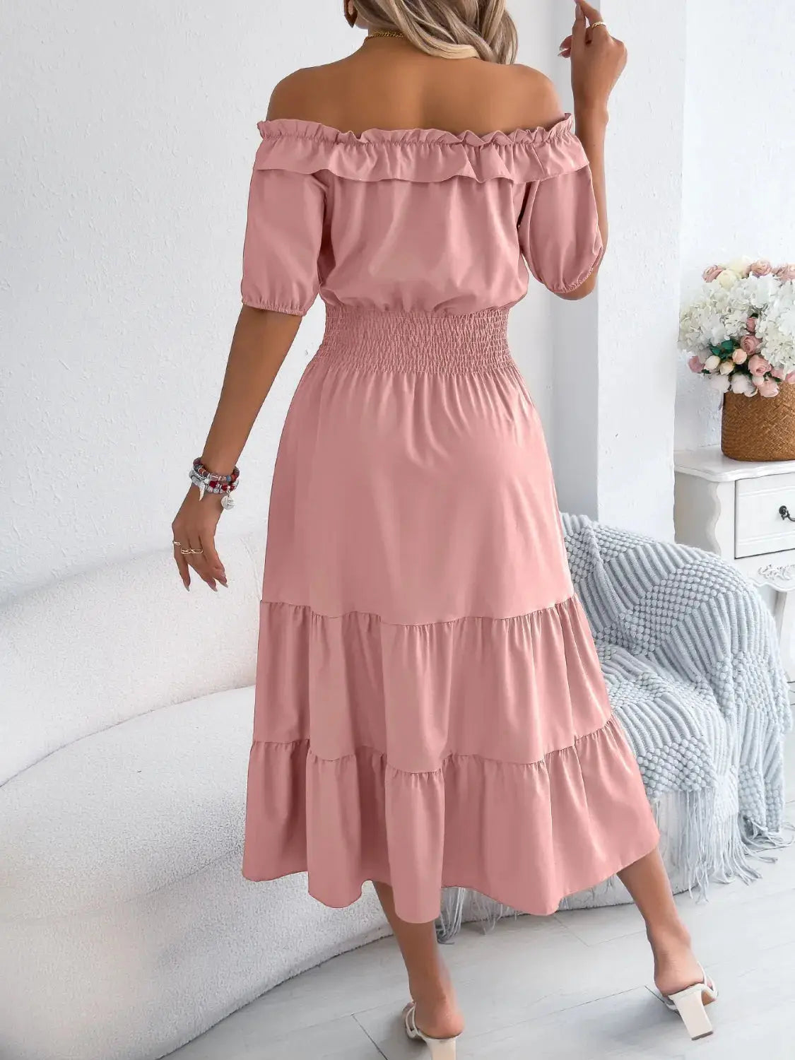 Smocked Off-Shoulder Tiered Dress - Clothes For Her Online Store