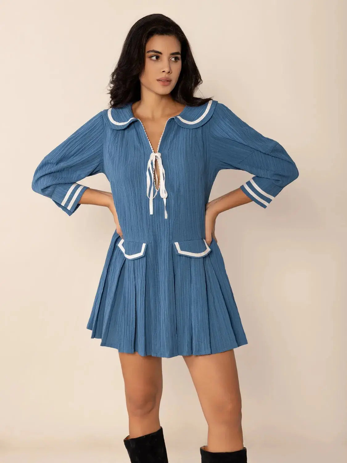 Tie Front Pleated Three-Quarter Sleeve Mini Dress - Clothes For Her Online Store