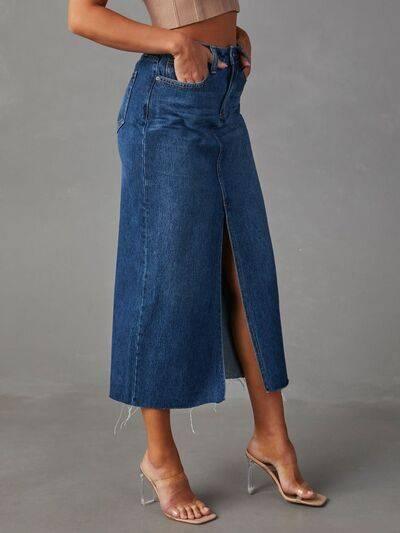 Raw Hem Front Slit Denim Midi Skirt