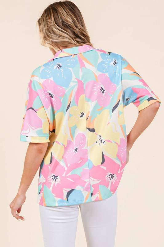 BOMBOM Floral Collared Neck Half Sleeve Top - Clothes For Her Online Store