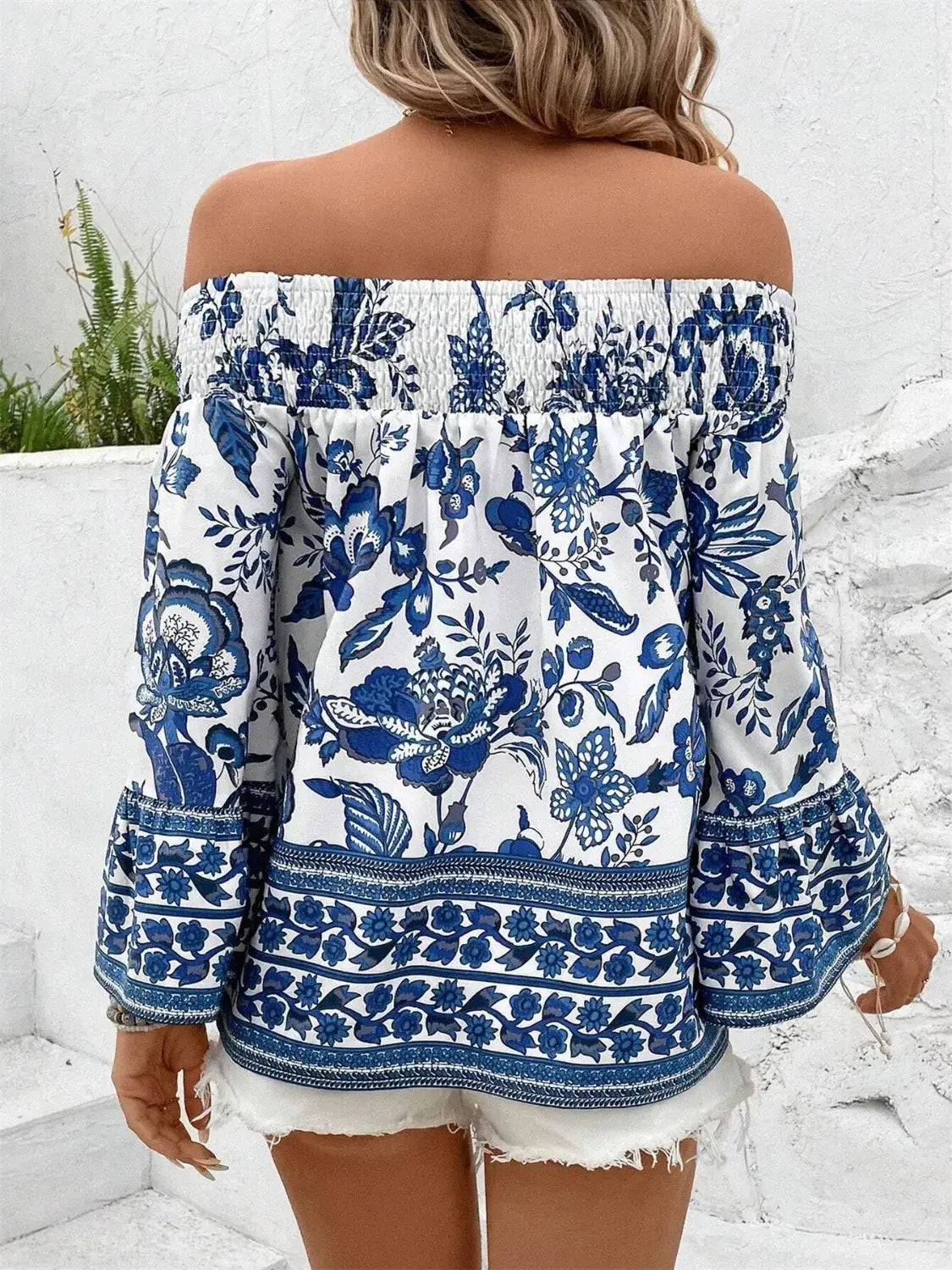 Smocked Printed Off-Shoulder Blouse