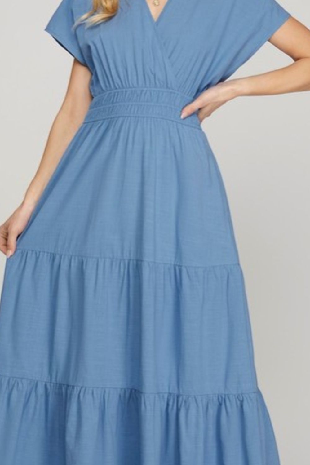 She + Sky Surplice Short Sleeve Tiered Maxi Dress With Pockets - Clothes For Her Online Store