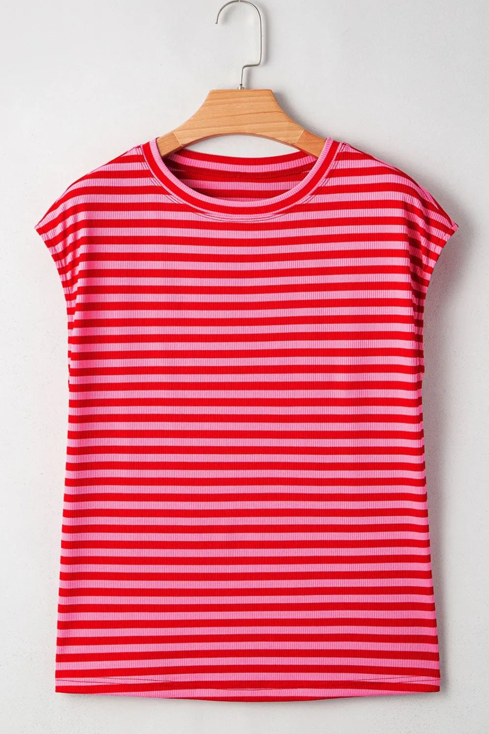 Stripe Ribbed Cap Sleeve Round Neck T Shirt