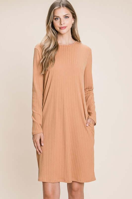 BOMBOM Round Neck Long Sleeve Ribbed Knit Dress