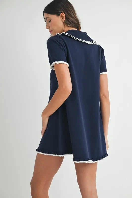 MABLE Ruffle Trimmed Collar Fine Knit Mini Dress