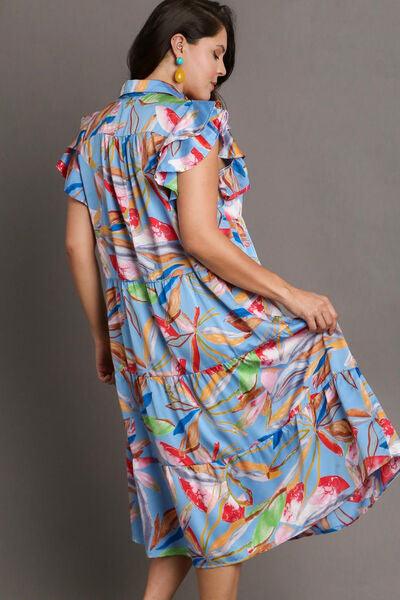 Umgee Full Size Leaf Print Double Layered Ruffle Sleeve Tiered Midi Dress Plus Size