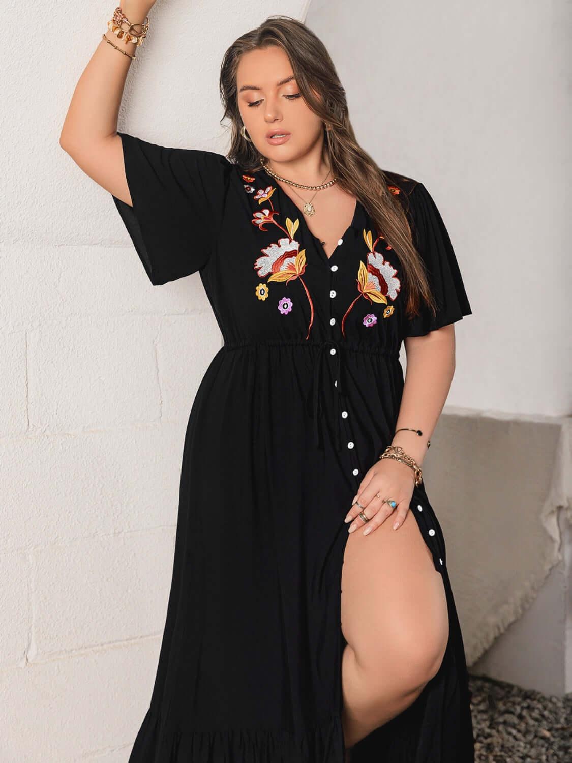 Plus Size Embroidered V-Neck Flutter Sleeve Maxi Dress